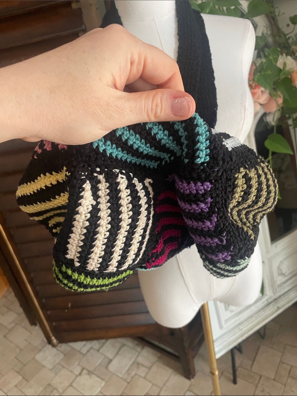 Black Crochet Patchwork Shoulder Bag Multicolor Boho Festival Artsy Art - Picture 7 of 11
